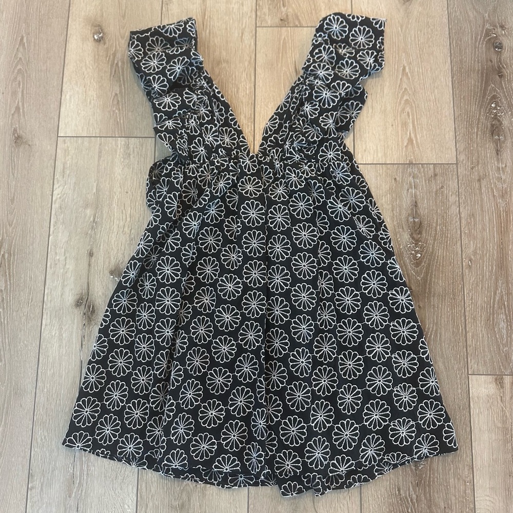 Vici Black Floral Embroidered Ruffle Mini Dress Babydoll Dress XS